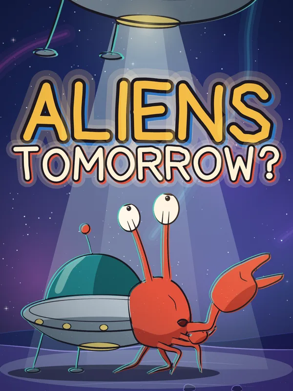Hob in his flying saucer shell stares up at a giant mothership beaming down on him, under the words Aliens tomorrow?
