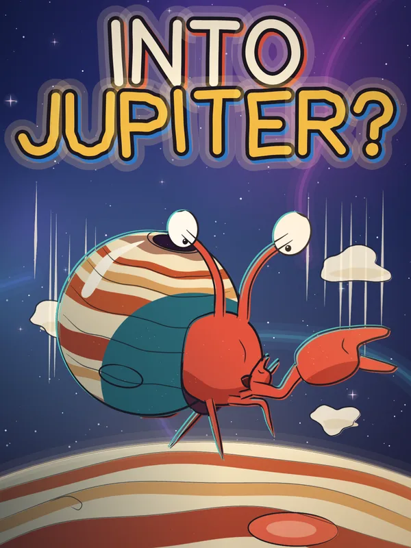 Hob in his Jupiter shell tumbles toward Jupiter's cloud tops, under the words Into Jupiter?